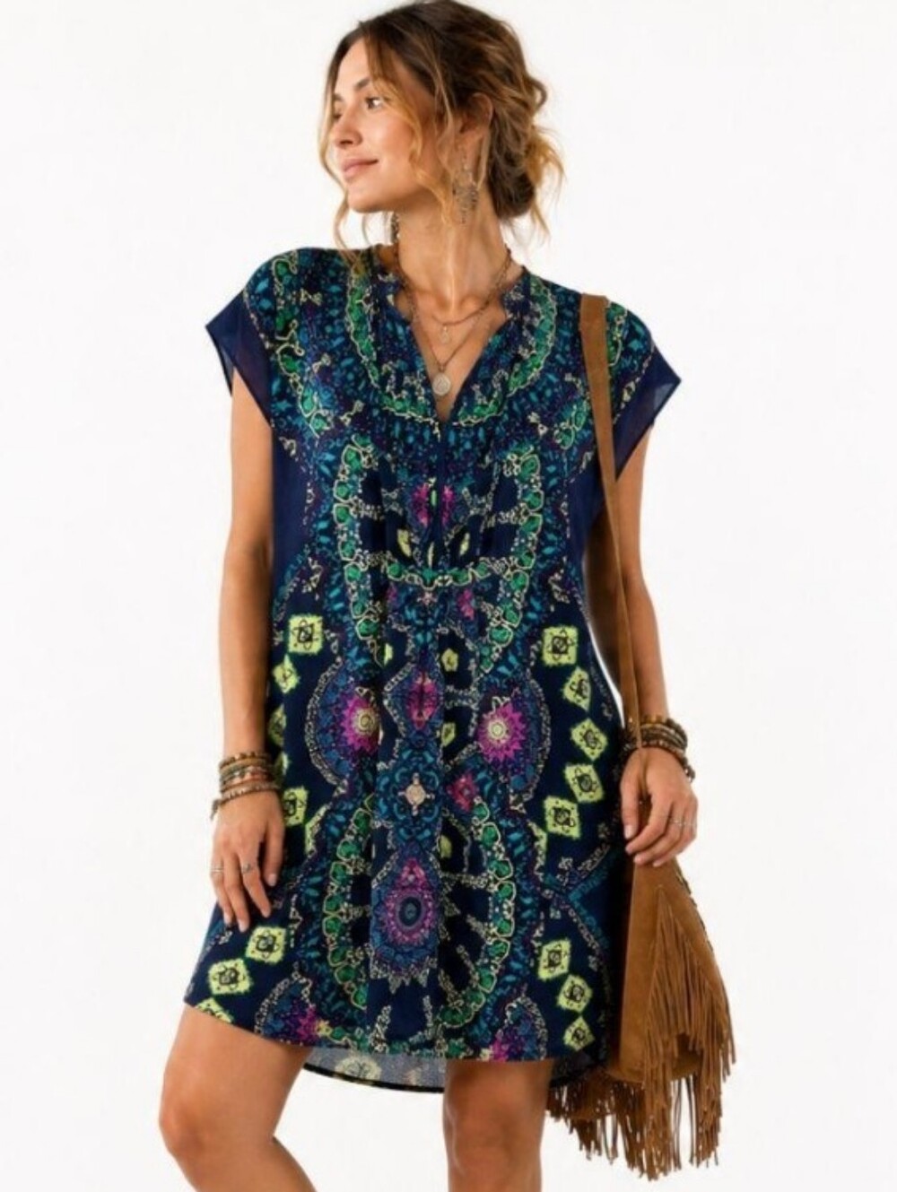 Anthropologie Maeve Silk Multi-Color Boho Bohemian Printed Coverup Tunic Dress L